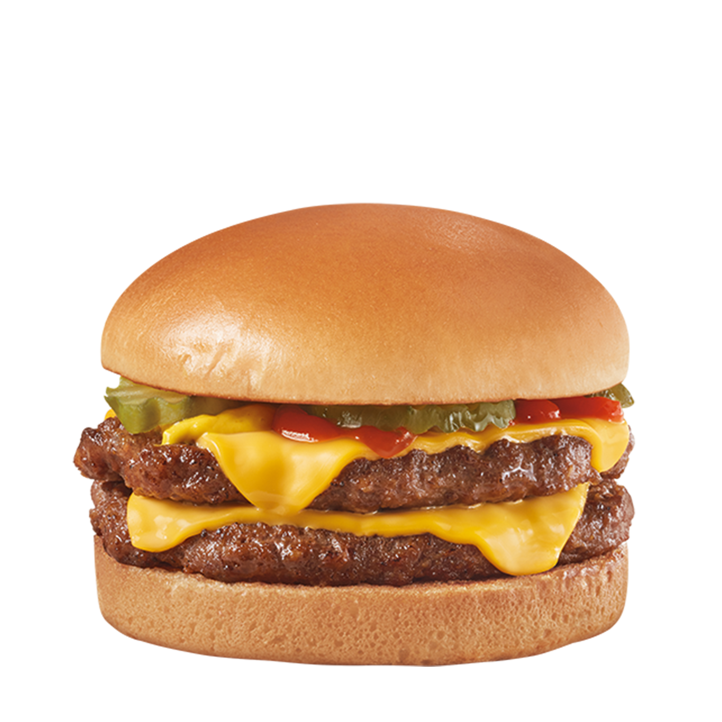 Burger with two beef patties, American cheese, pickles, ketchup, and mustard on a toasted bun