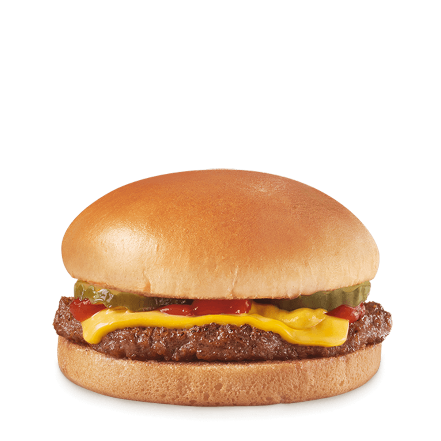 Burger with one beef patty, American cheese, pickles, ketchup, and mustard on a toasted bun