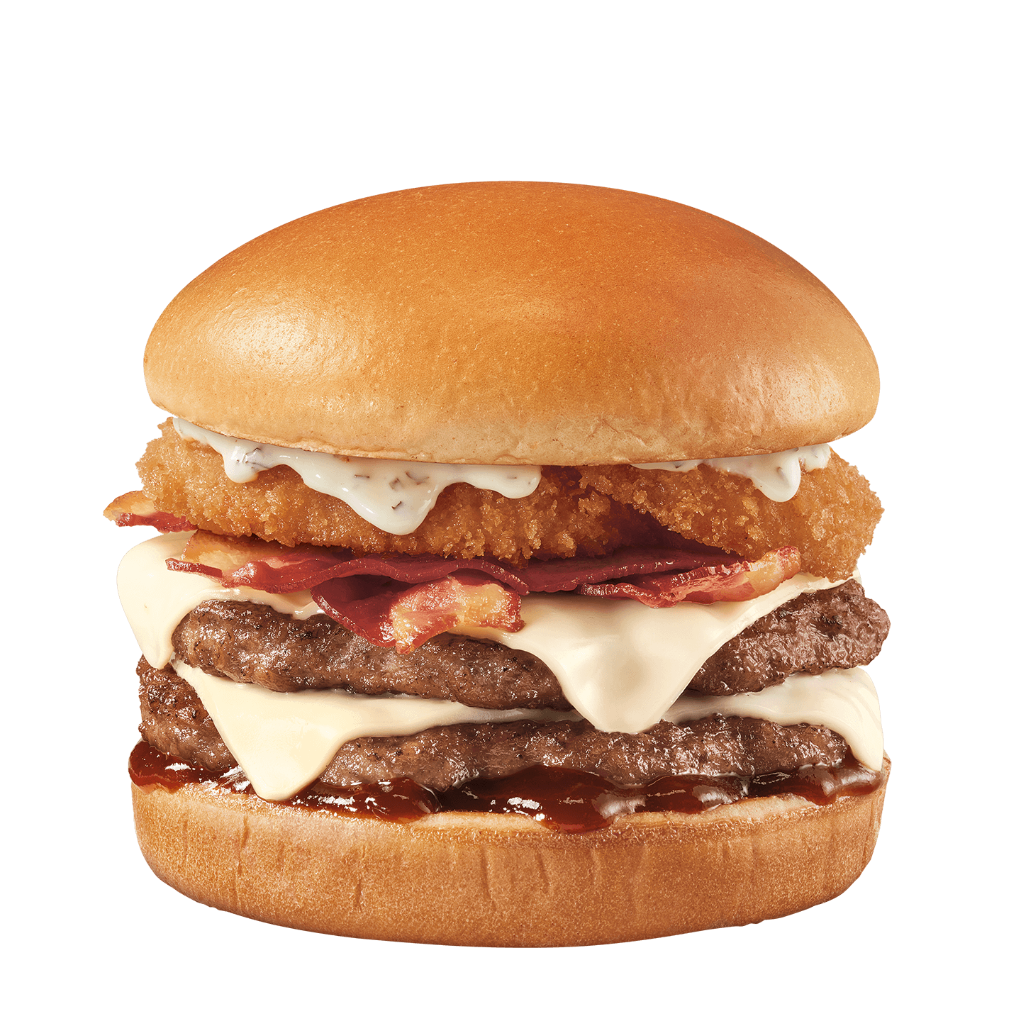 Burger with bacon, onion rings, melted white cheddar, and sauces on a toasted bun