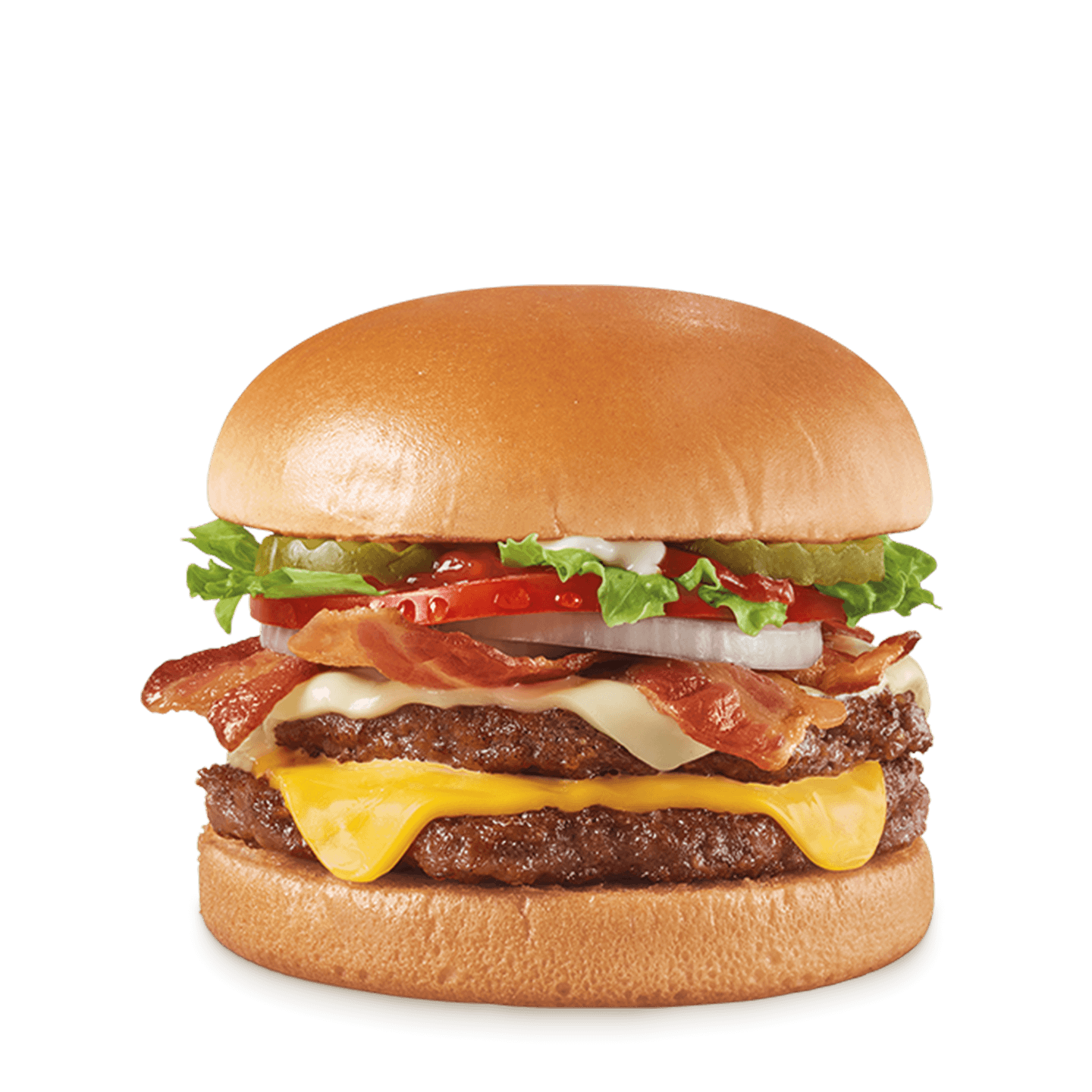 Burger with bacon, two cheeses, lettuce, tomato, onion, pickles, and sauces on a toasted bun