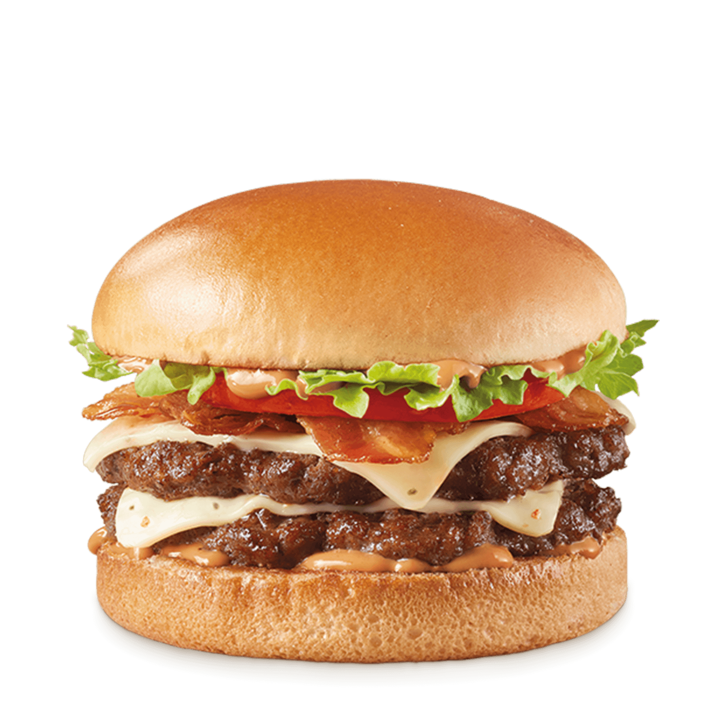 Burger with pepper jack cheese, bacon, lettuce, tomato, and spicy sauce on a toasted bun